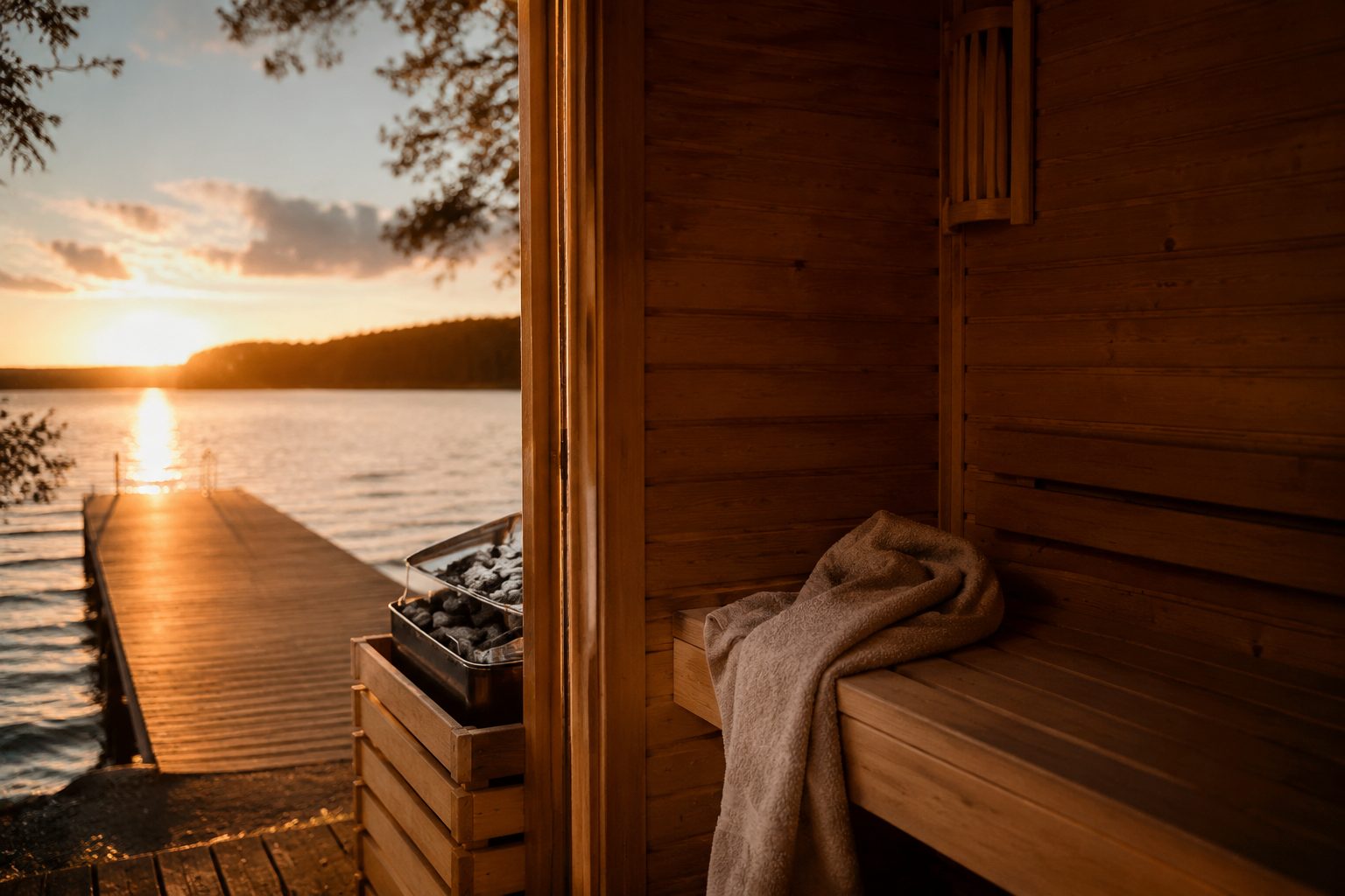 Sauna nad mazurskim jeziorem o zachodzie słońca, drewniana wieża, ręczniki