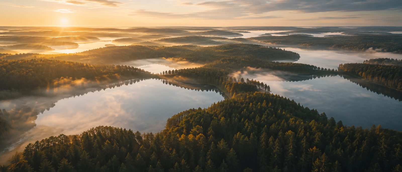 Panorama Mazur — jezioro otoczone lasem iglastym, mgła o świcie, woj. warmińsko-mazurskie