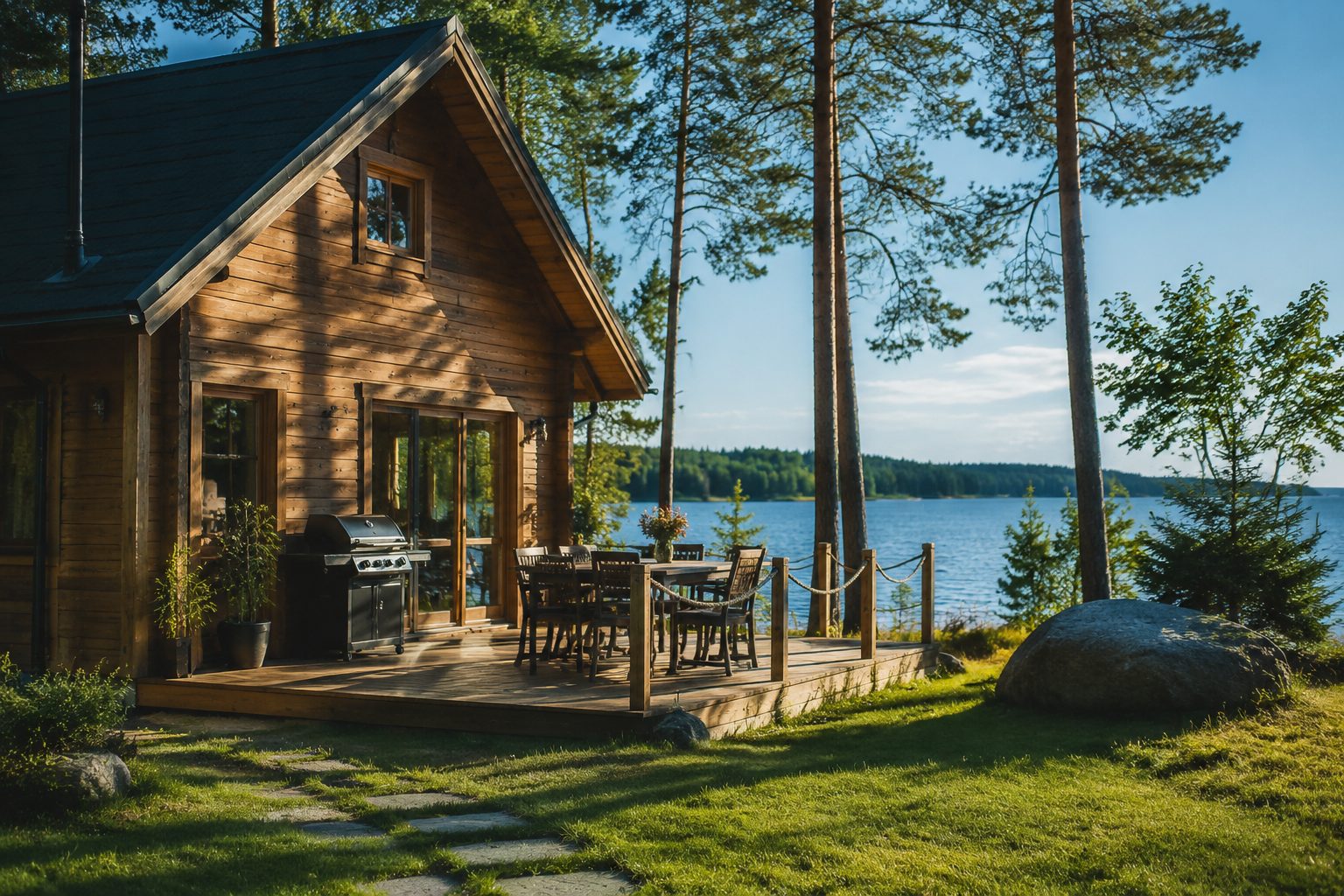 Domek 4 osobowy nad jeziorem mazury, taras z grillem, słońce
