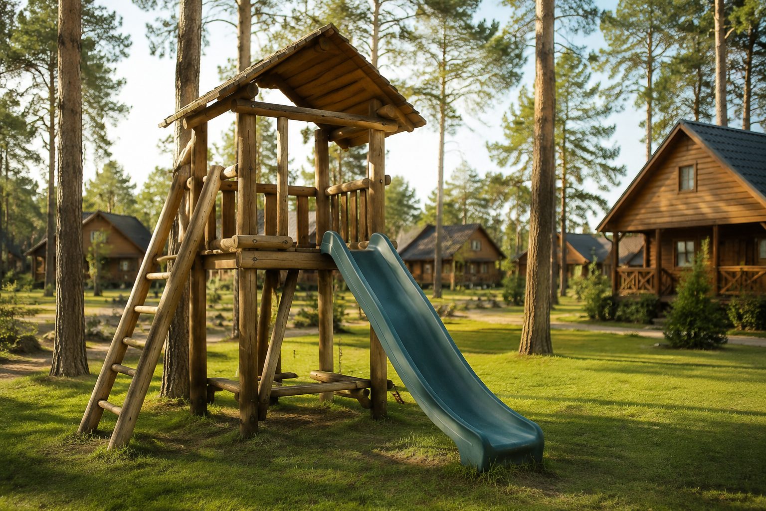 Plac zabaw z drewnianą zjeżdżalnią w ośrodku z domkami na Mazurach, dzieci grające