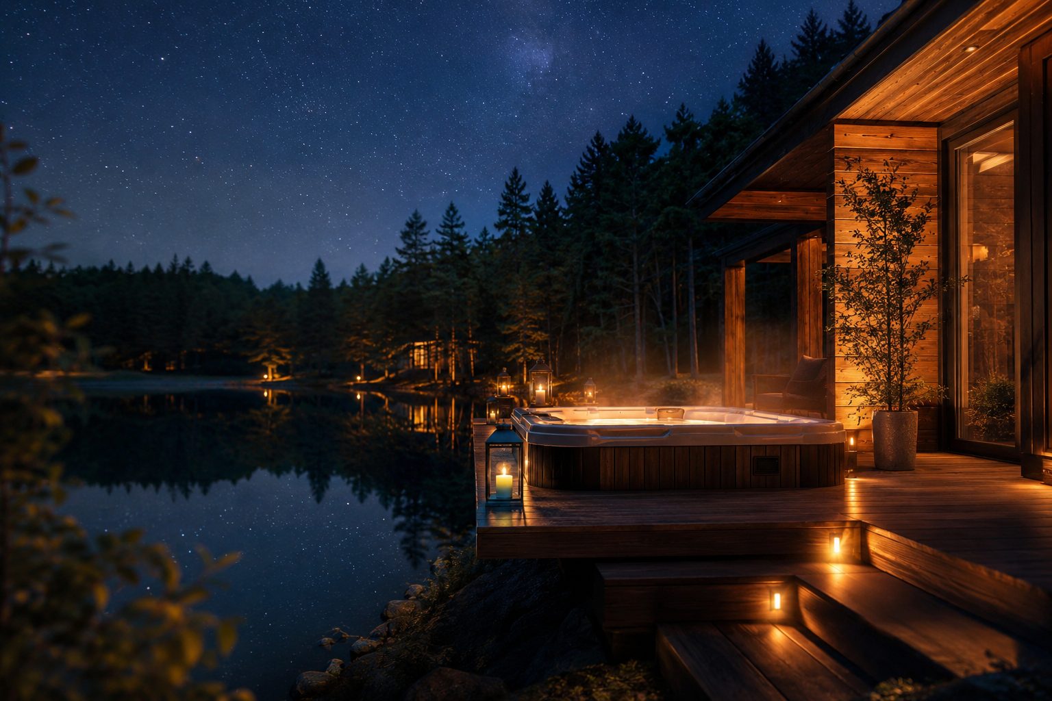Domek na Mazurach z jacuzzi na tarasie z widokiem na jezioro nocą