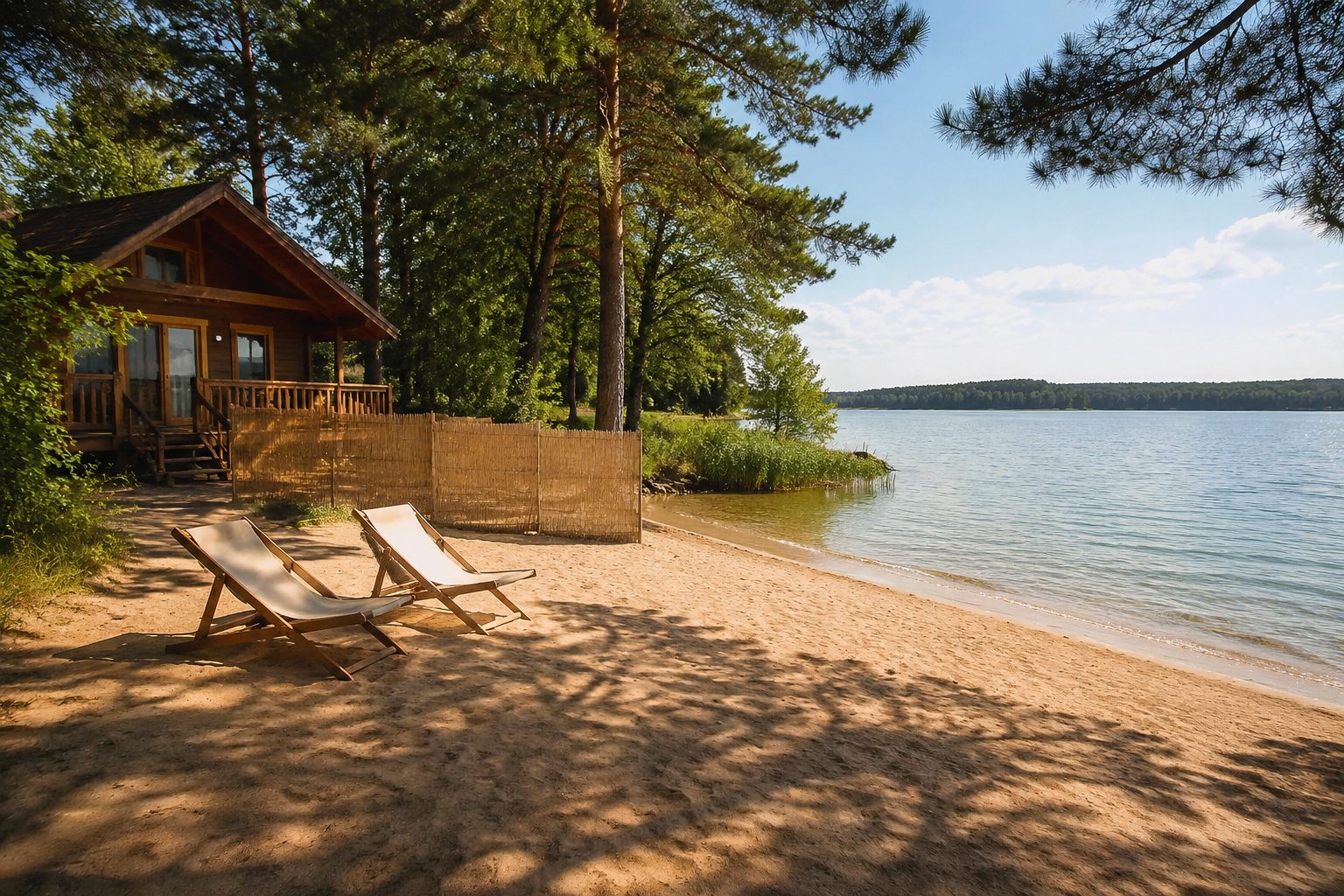 Domek na Mazurach z własną plażą, leżaki, parawan, czysty piasek