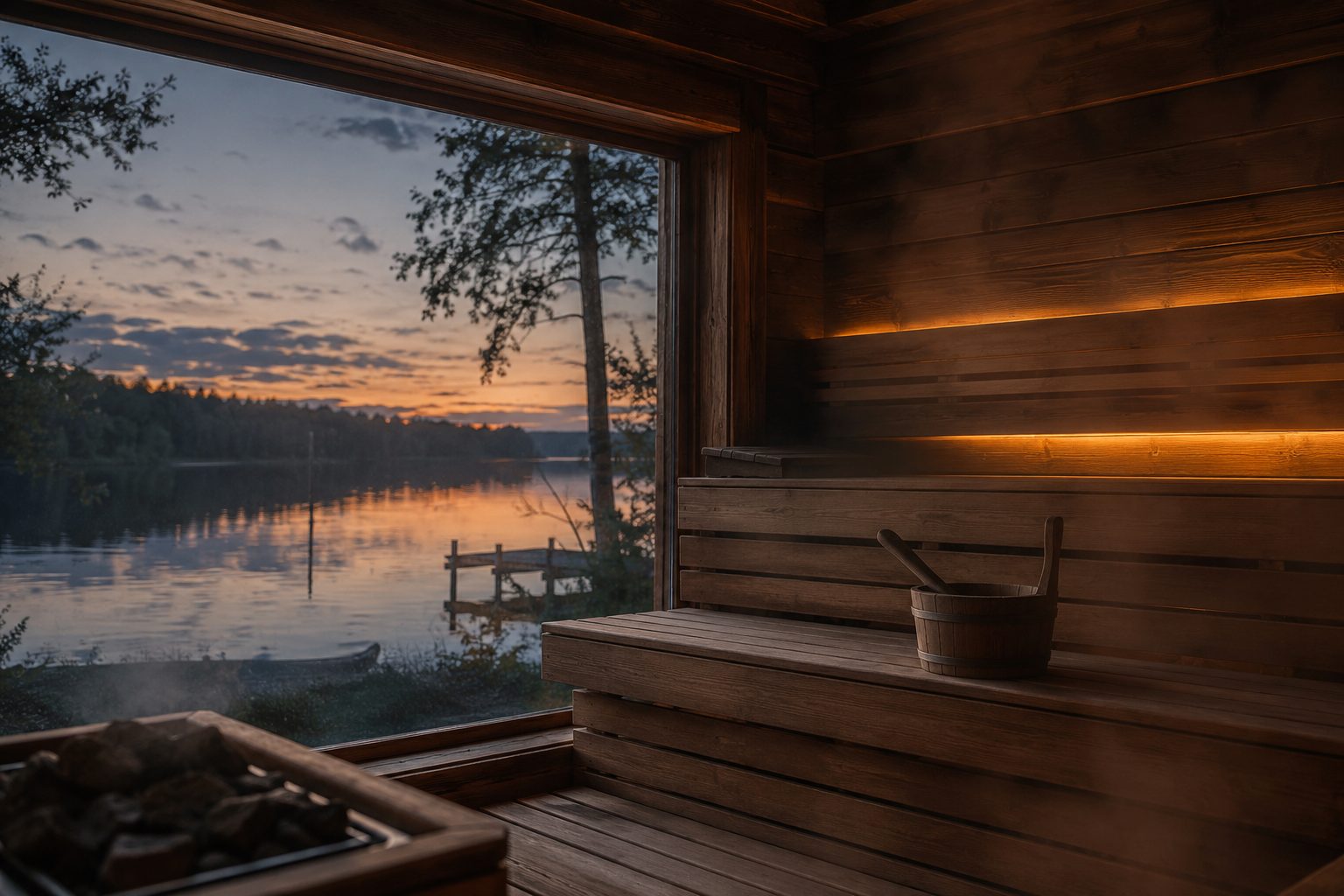 Sauna w domku na Mazurach z dużym oknem na jezioro, ciepłe oświetlenie