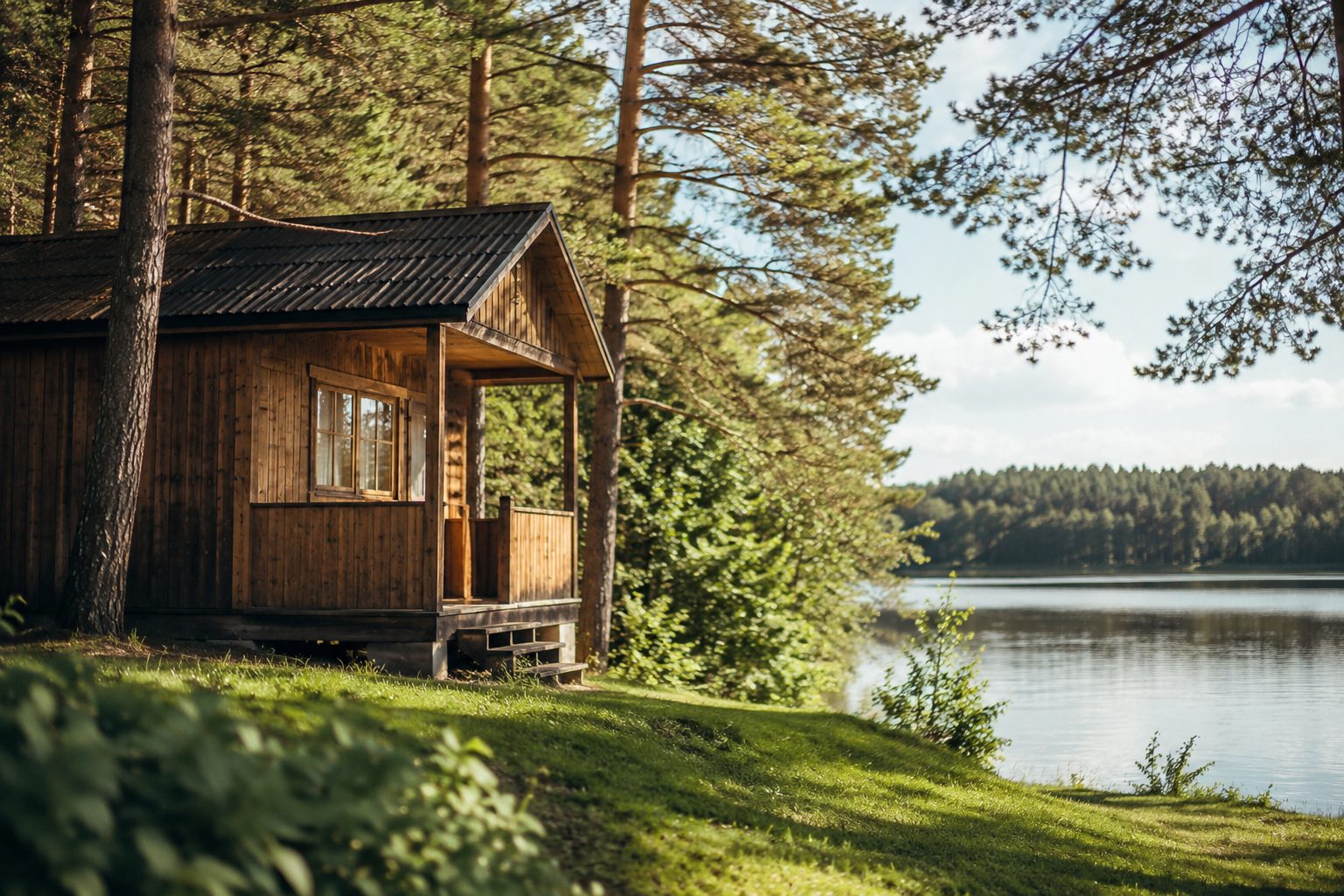 Mały drewniany domek letniskowy nad jeziorem, prosta zabudowa, las wokół