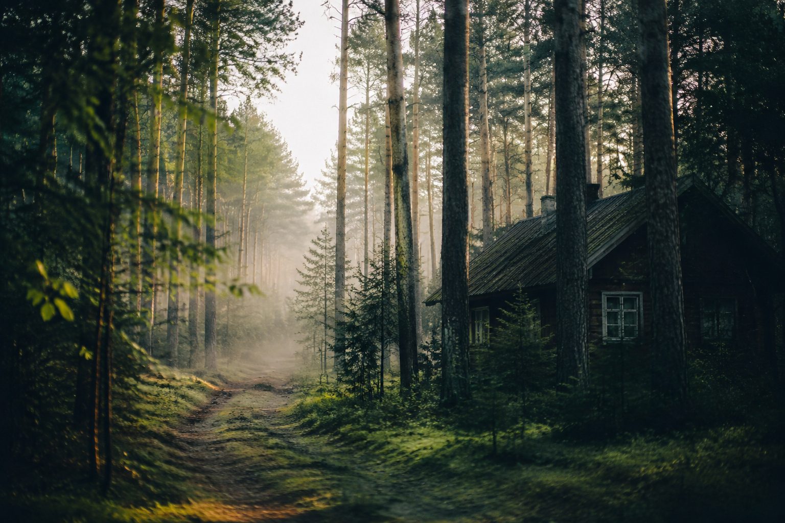 Domek na Mazurach ukryty wśród sosen, samotne miejsce, mgła nad ziemią