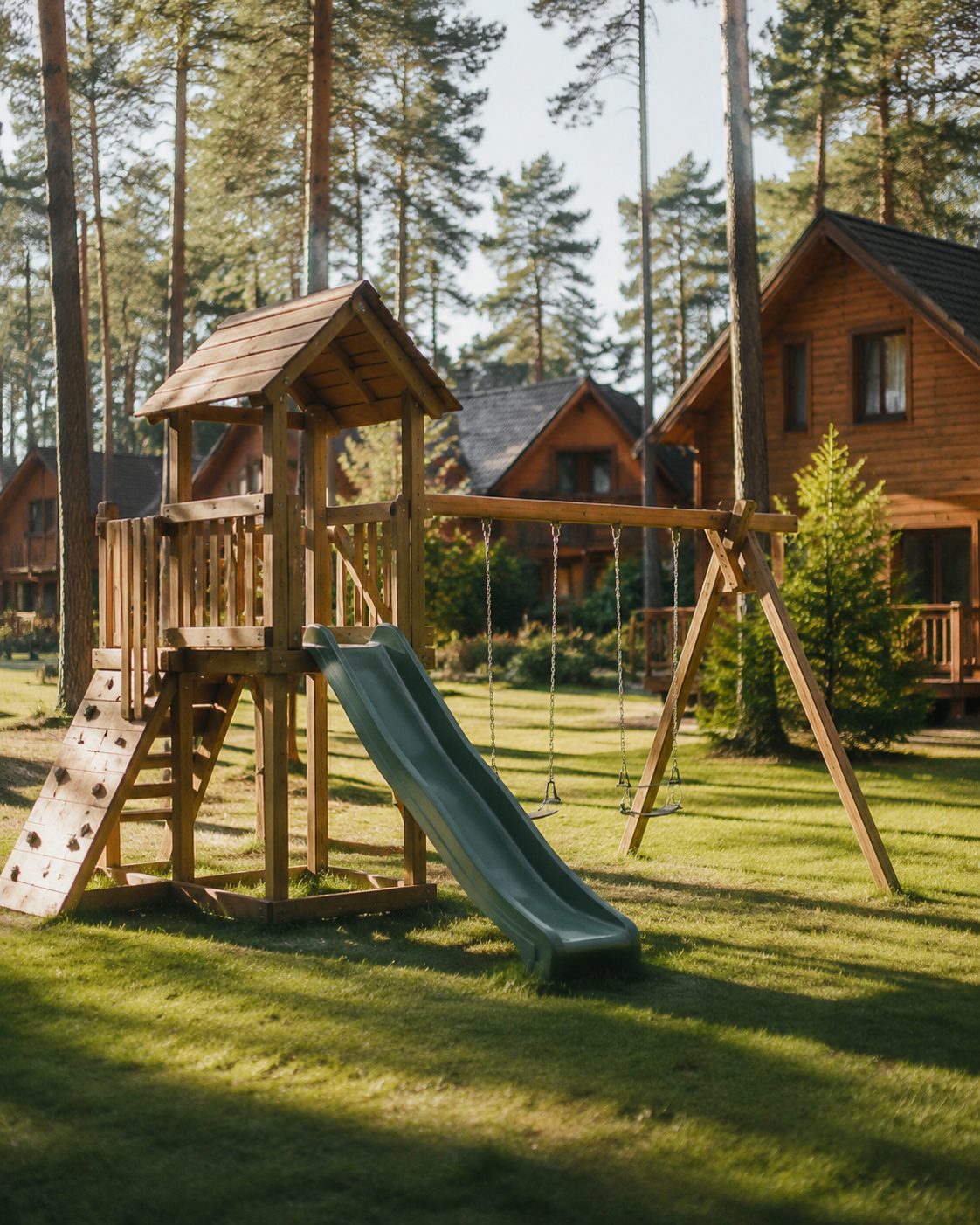 Plac zabaw z drewnianymi konstrukcjami przy domkach z animacjami dla dzieci