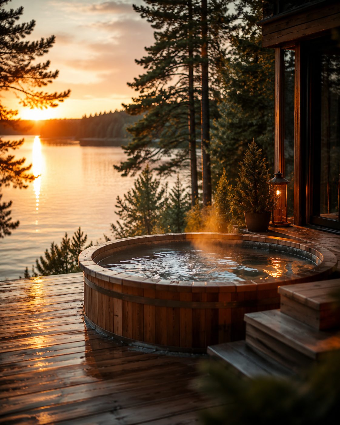 Jacuzzi z widokiem na jezioro w luksusowym domku na Mazurach