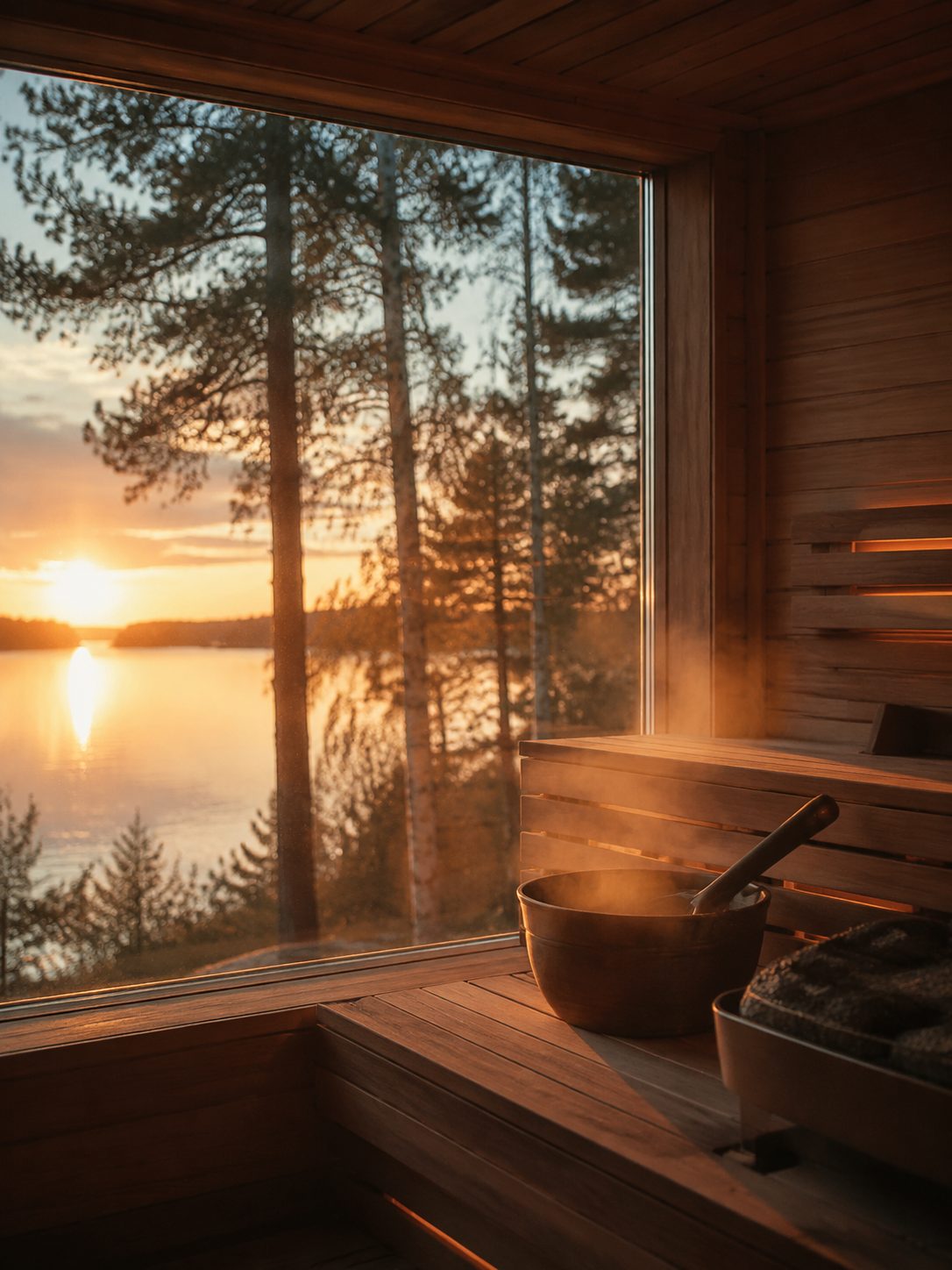 Sauna z dużymi oknami na jezioro w mazurskim ośrodku SPA