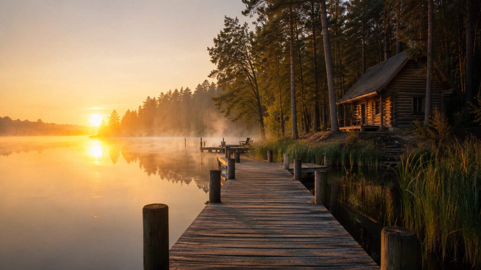 Domek nad jeziorem na Mazurach o świcie — drewniany pomost, mgła nad wodą, las w tle