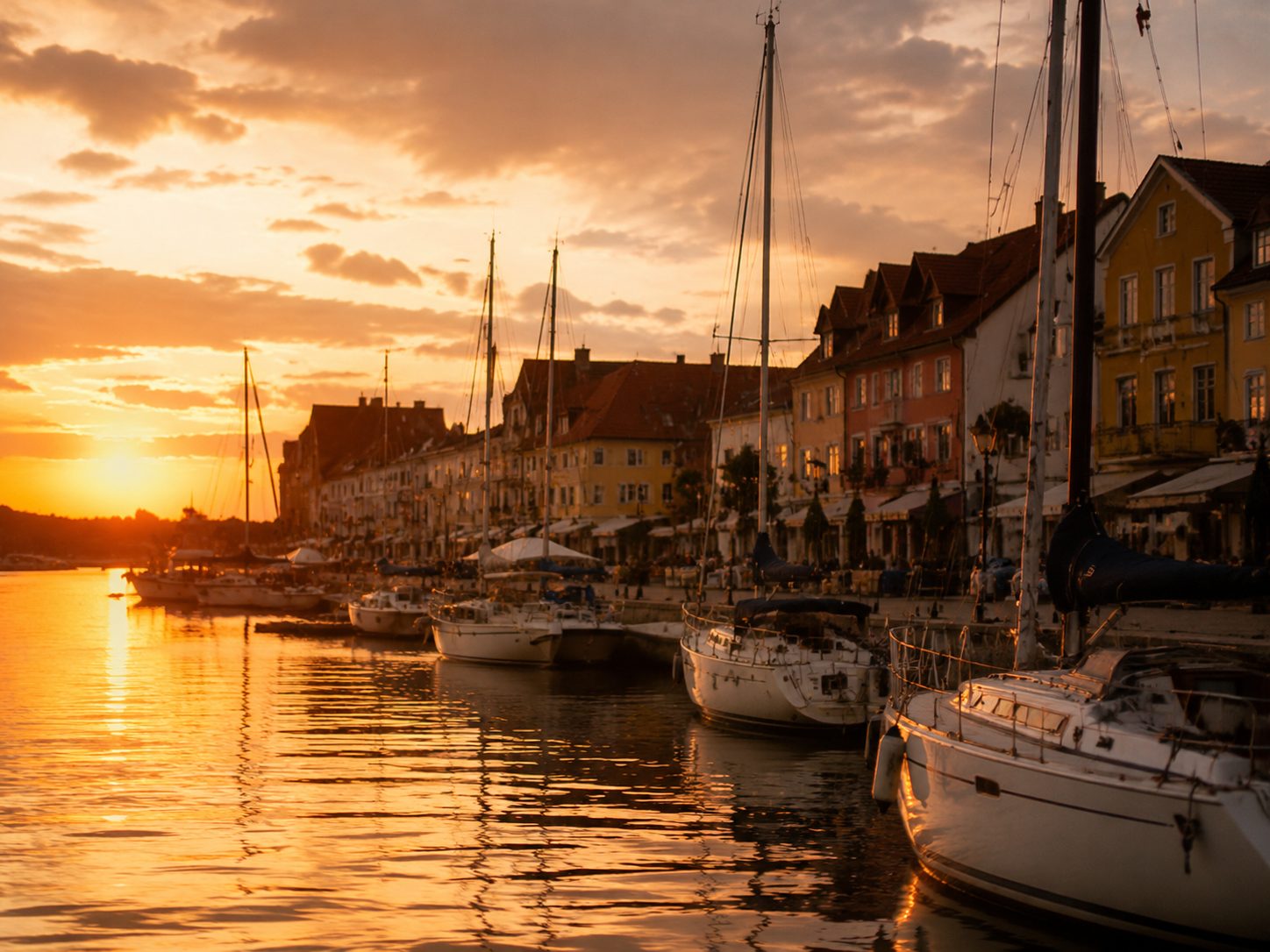 Mikołajki, port na Mazurach o zachodzie słońca, jachty przy nabrzeżu