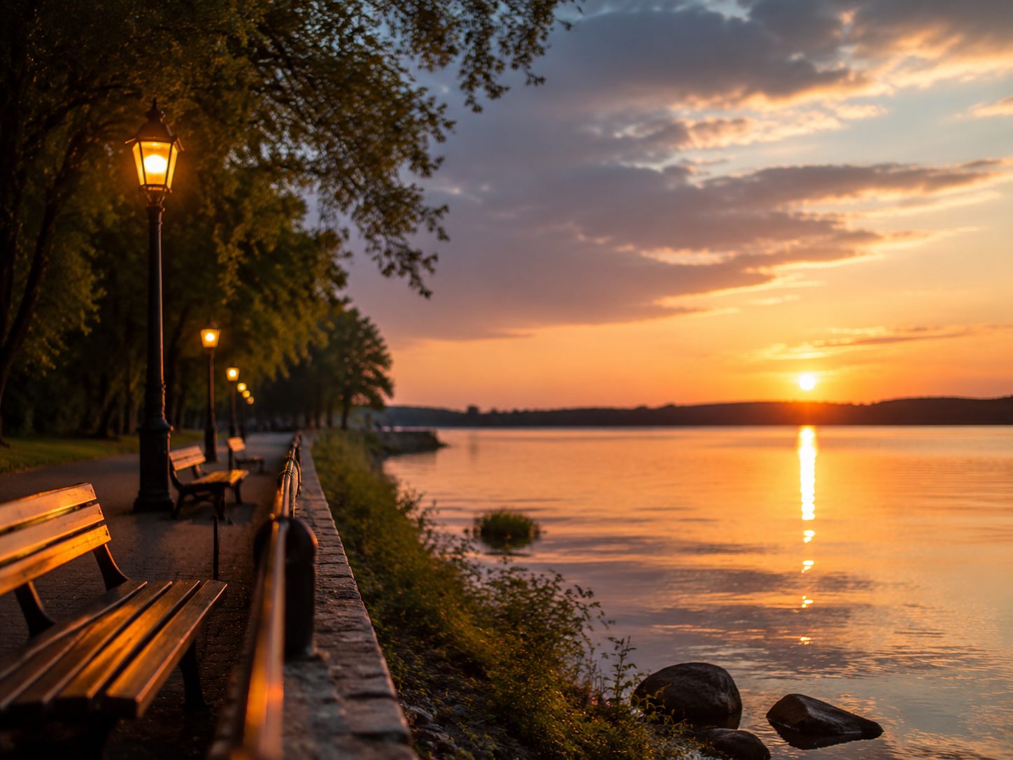 Olecko, jezioro Oleckie Wielkie, promenada wieczorem na Mazurach